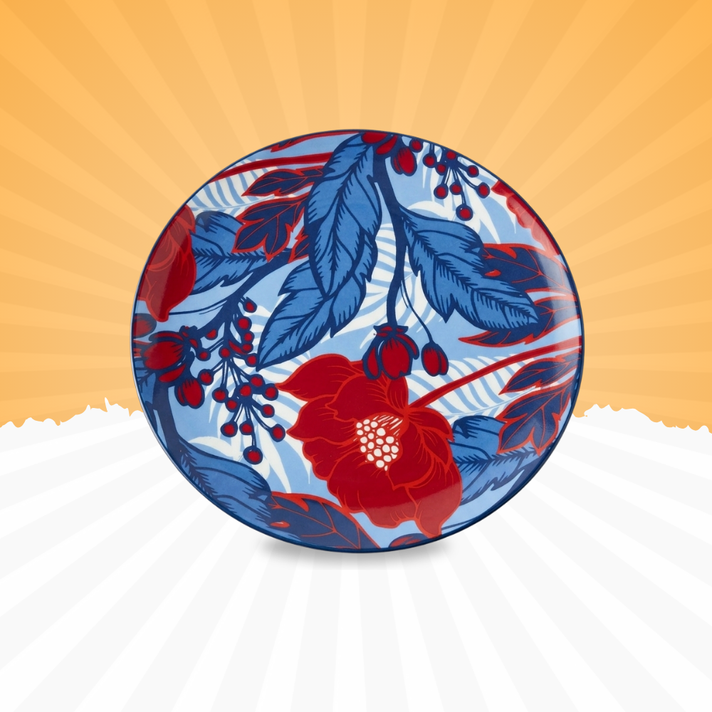 Floral Art Ceramic Serving Plate (Set of 2) – Red & Blue Designer Dish | Baniyabudgetstore