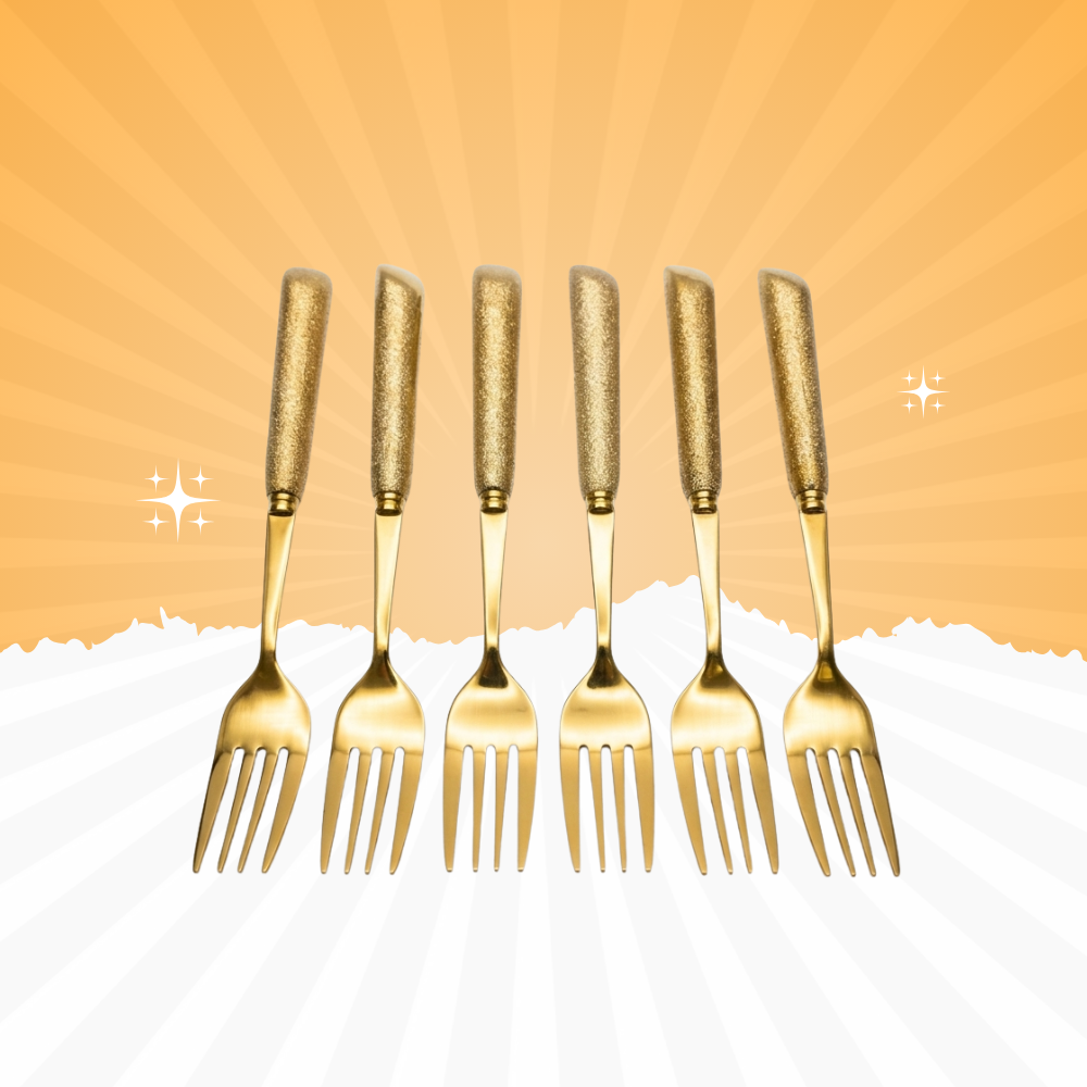 Golden Stainless Steel Dessert Fork Set (Set of 6) – Premium Designer Cutlery | Baniyabudgetstore