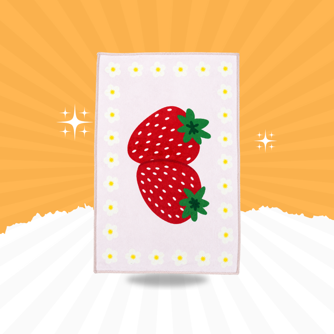 Cute Strawberry Printed Plush Floor Mat – Soft Anti-Slip Bedroom & Bathroom Rug | Pink, Red & White