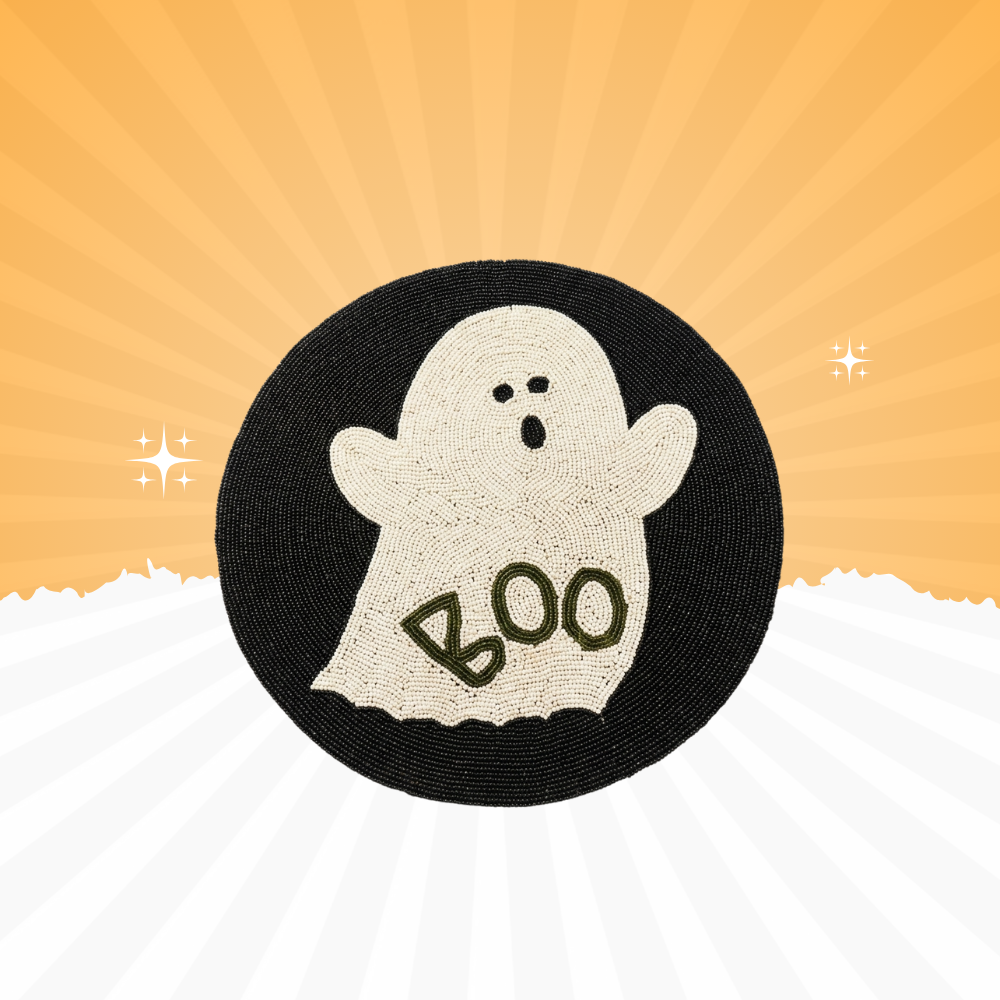 Halloween Ghost “BOO” Beaded Table Mat – Round Decorative Placemat (15×15 Inch, 500g)