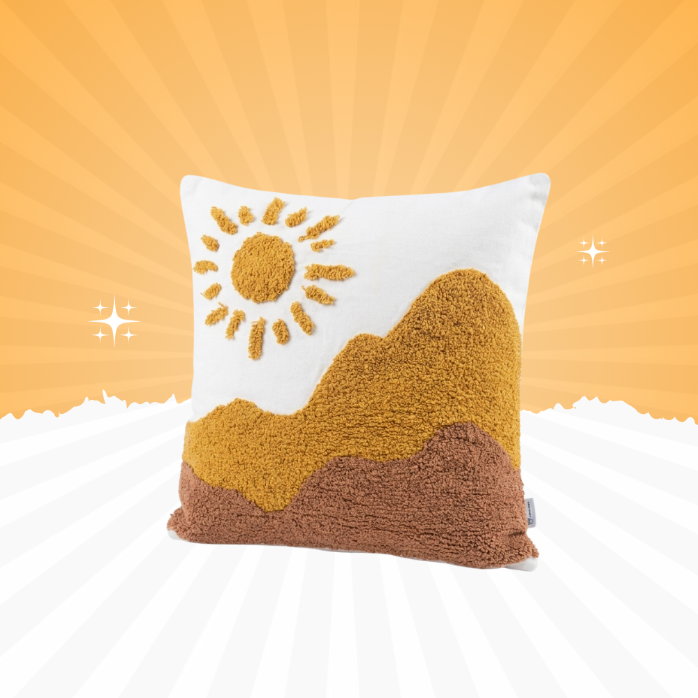 Sun & Mountain Embroidered Cushion Cover Set – Decorative Sofa Pillow Cover (18×18 Inch, Set of 2)
