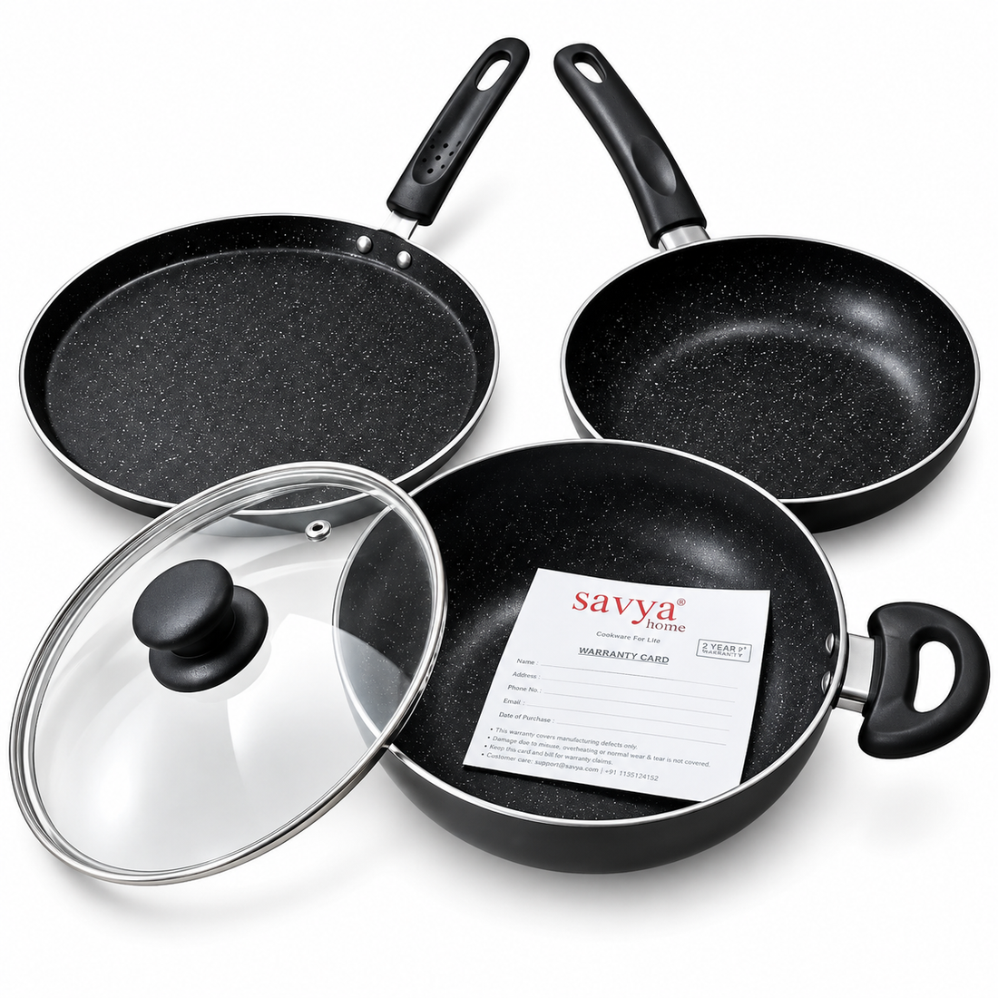 Premium Non-Stick Cookware Set of 3 – Kadai, Fry Pan & Tawa with Glass Lid (Savya Home )