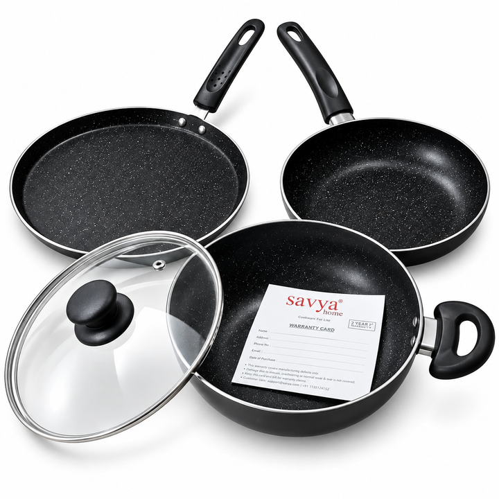 Premium Non-Stick Cookware Set of 3 – Kadai, Fry Pan & Tawa with Glass Lid (Savya Home )