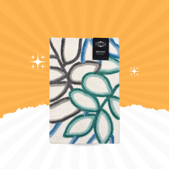 Designer Floral Plush Bath Rug – Soft Anti-Slip Floor Mat (2x3 Feet) | Ivory, Teal, Blue & Grey
