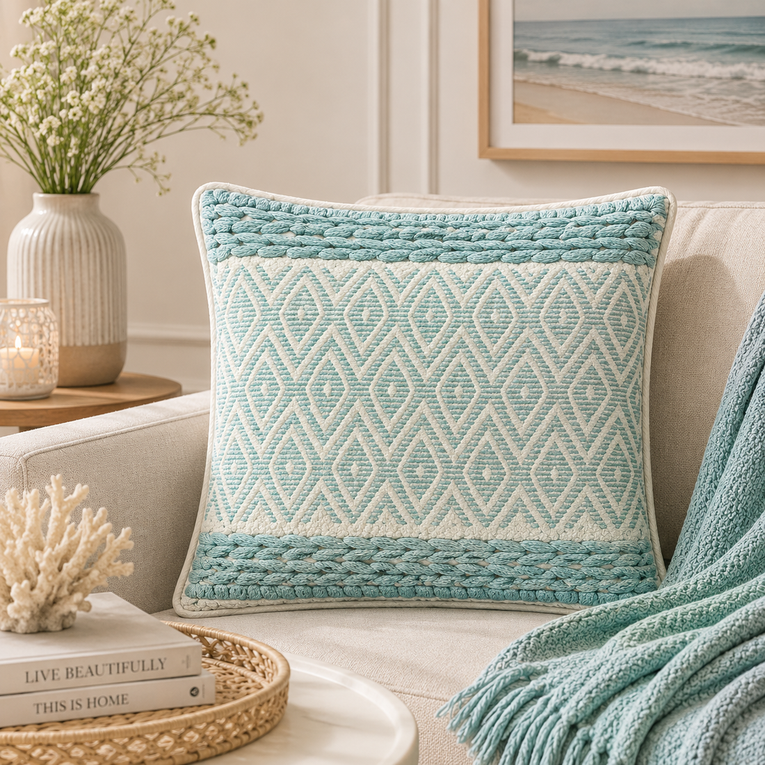Aqua Blue Boho Cushion Cover Set – 18x18 Inches (Set of 2)