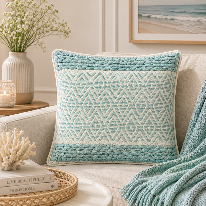 Aqua Blue Boho Cushion Cover Set – 18x18 Inches (Set of 2)