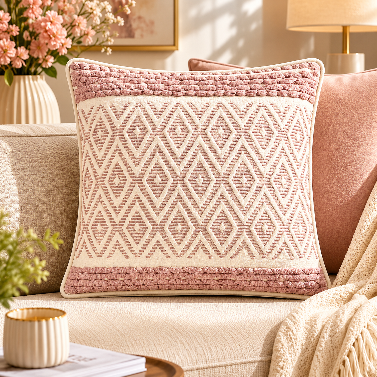 Blush Pink Boho Cushion Cover Set – 18x18 Inches (Set of 2)