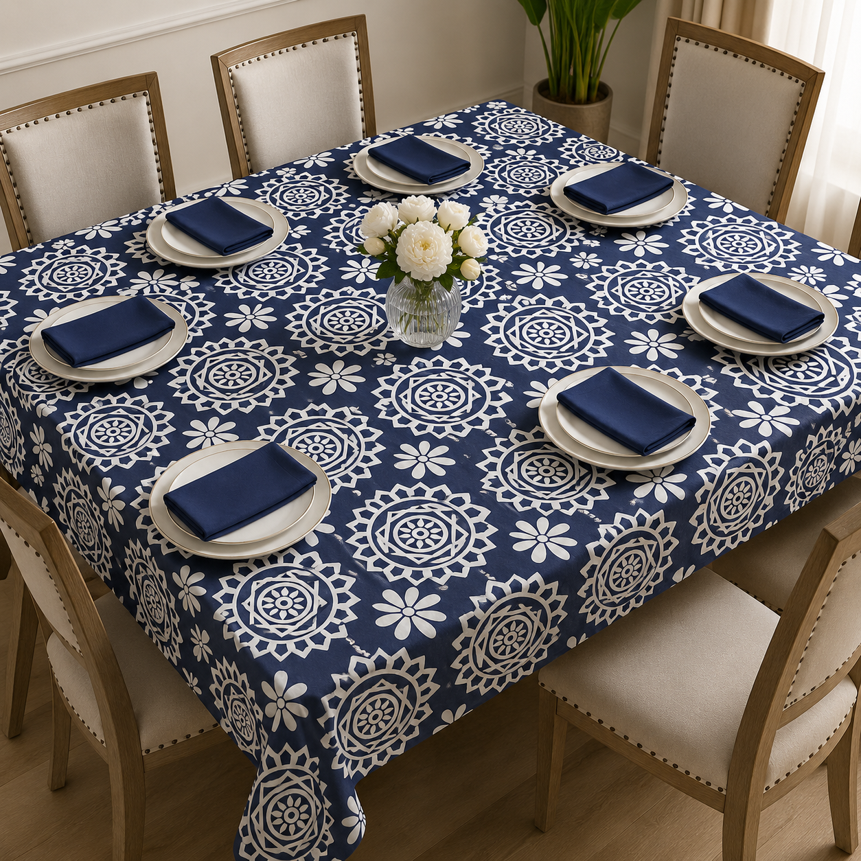 Premium Blue Floral Table Cloth with Napkin Set